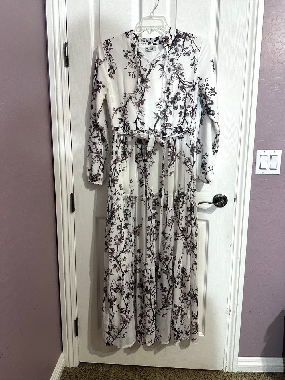 Floral Long Sleeve Maxi Dress - White with Black/Pink Floral